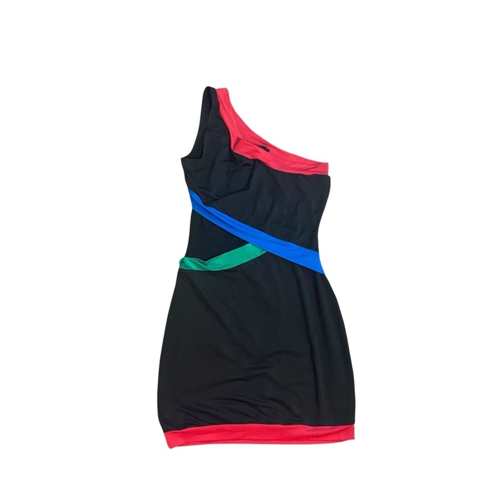 NWT Rampage Y2k Black Neon Trim Mesh Detail One Shoulder Bodycon Bandage Dress M